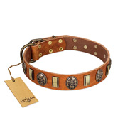 "Strike of Rock" FDT Artisan Tan Leather Doberman Collar with Plates and Medallions with Skulls
