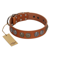 "Luxurious Life" Premium Quality FDT Artisan Tan Leather Doberman Collar with Round Adornments