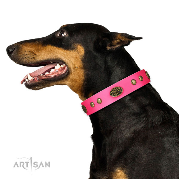 Strong D-ring on full grain genuine leather dog collar for everyday use