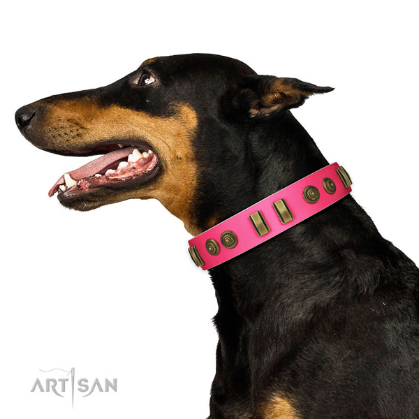 Basic training dog collar of leather with designer decorations