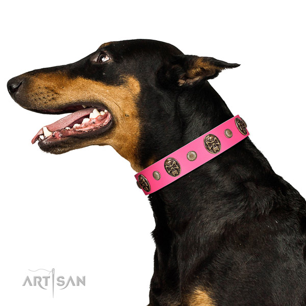 Strong D-ring on full grain genuine leather dog collar for everyday use