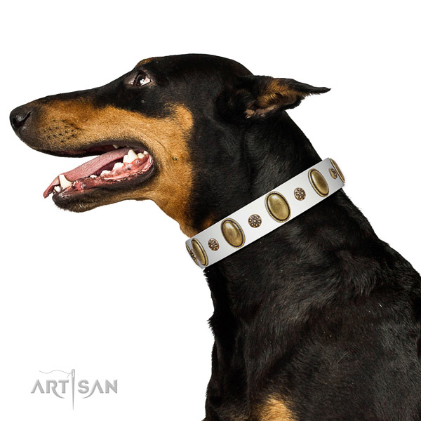 Everyday walking soft natural genuine leather dog collar with studs