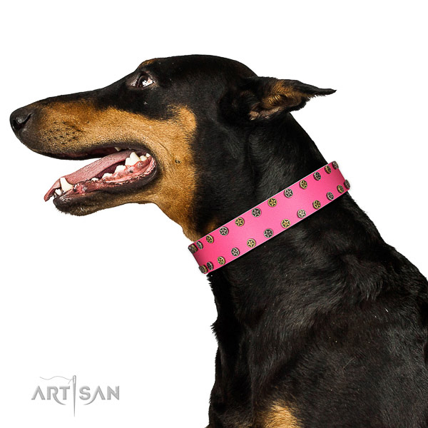 Adjustable full grain natural leather dog collar with decorations