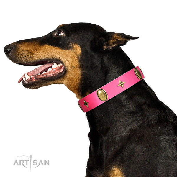 Soft to touch genuine leather collar with inimitable decorations for your dog