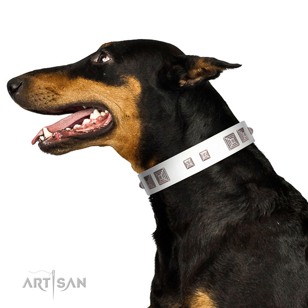 Full grain genuine leather dog collar of gentle to touch material with unusual embellishments