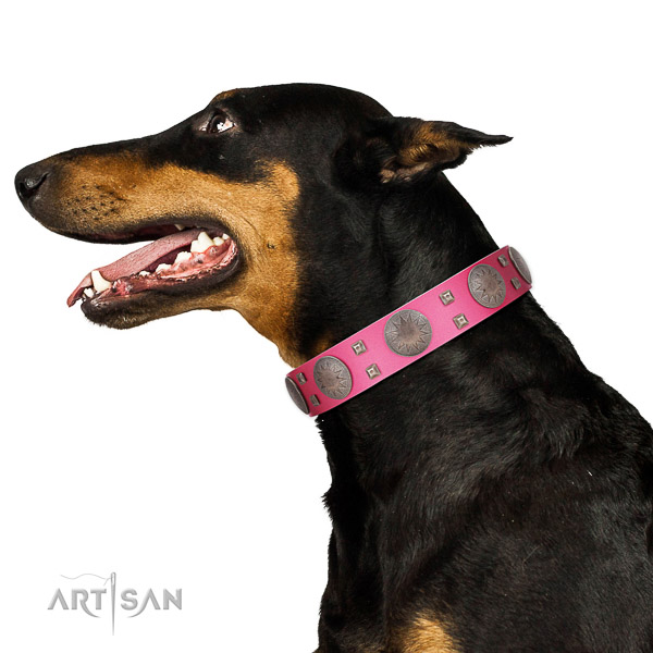 Gentle to touch leather dog collar with rust-proof buckle