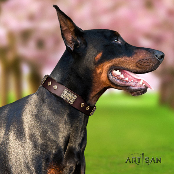 Doberman easy to adjust leather collar with decorations for your pet