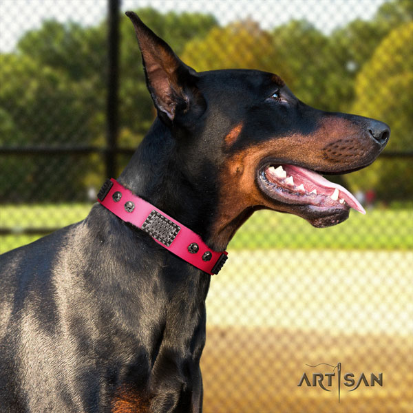 Doberman top quality natural genuine leather collar with decorations for your dog