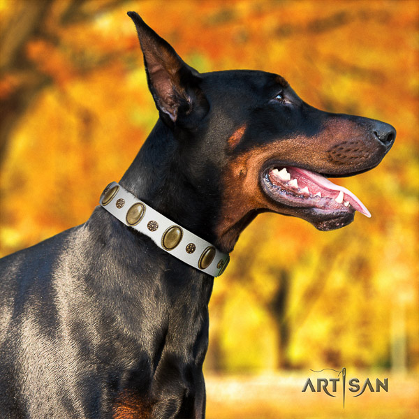 Doberman walking leather collar with decorations for your doggie
