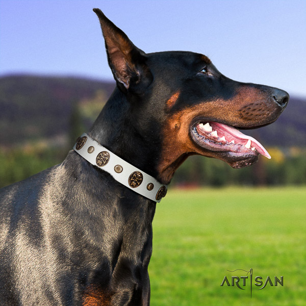 Doberman comfy wearing natural leather collar with adornments for your pet