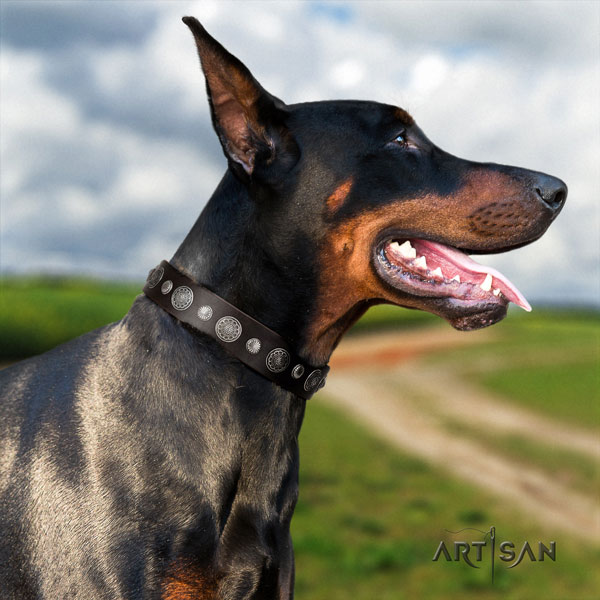 Doberman easy adjustable genuine leather collar with adornments for your pet