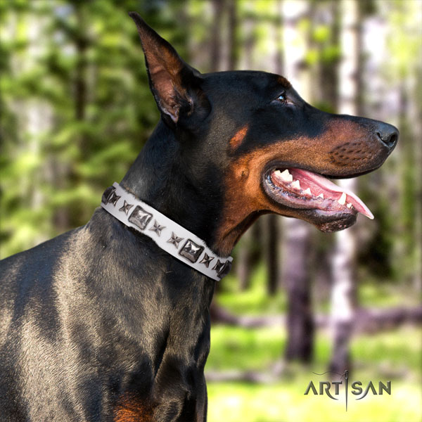 Doberman genuine leather dog collar with embellishments for your beautiful four-legged friend