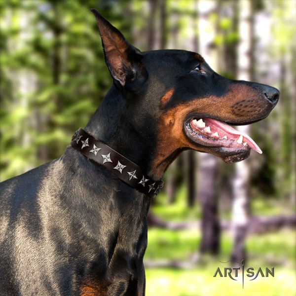 Doberman exceptional natural genuine leather collar with decorations for your pet