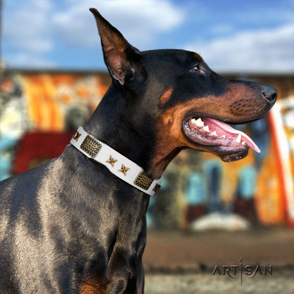 Doberman natural genuine leather dog collar with embellishments for your attractive four-legged friend