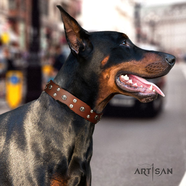 Doberman natural genuine leather dog collar with studs for your lovely doggie