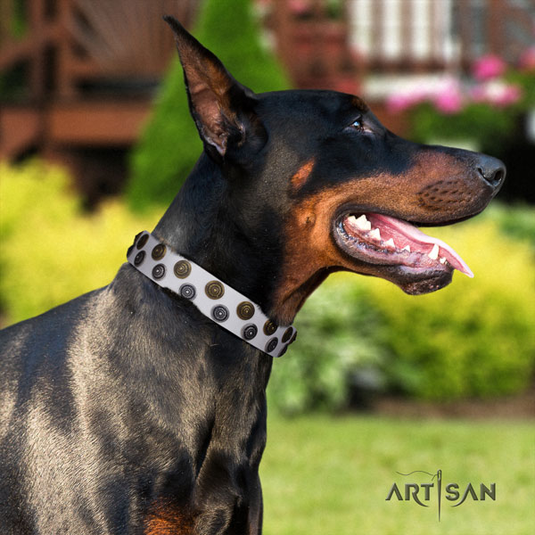 Doberman full grain leather dog collar with decorations for your lovely pet