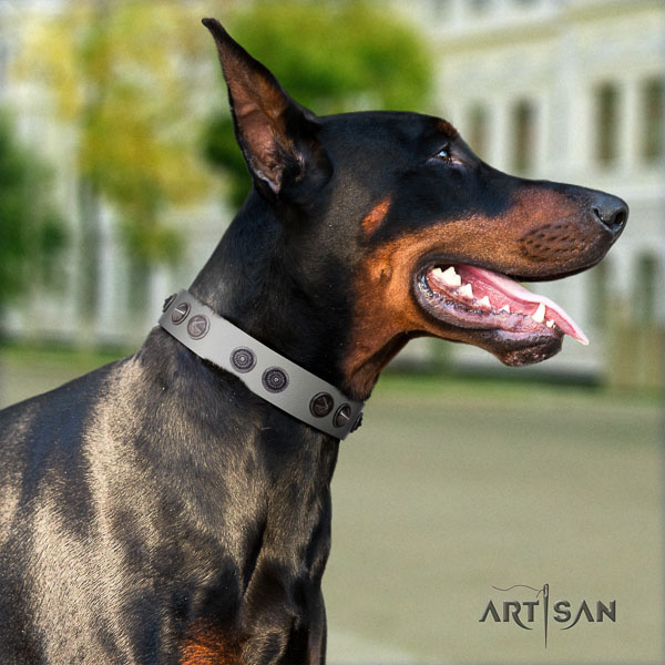 Doberman genuine leather dog collar with decorations for your impressive pet