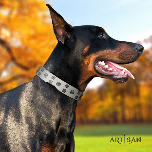 Doberman natural genuine leather dog collar with decorations for your stylish doggie