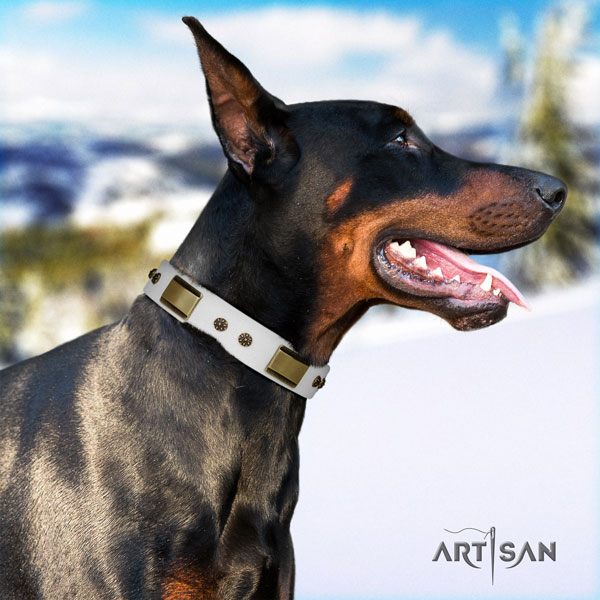 Doberman remarkable natural genuine leather collar with studs for your doggie