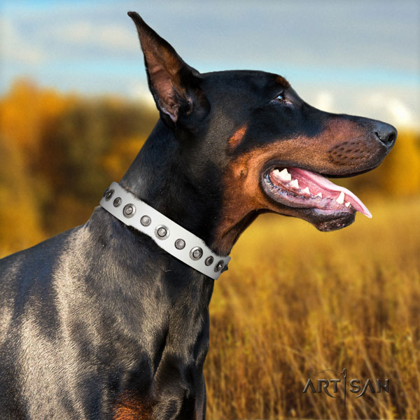 Doberman convenient natural genuine leather collar with adornments for your pet