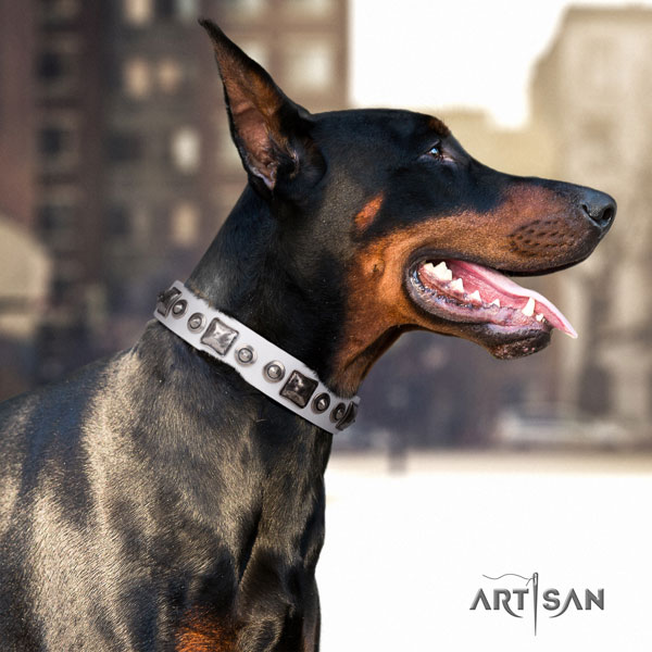 Doberman full grain leather dog collar with decorations for your beautiful four-legged friend