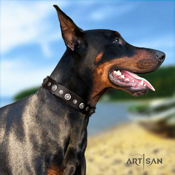 Doberman fashionable natural genuine leather collar with decorations for your dog