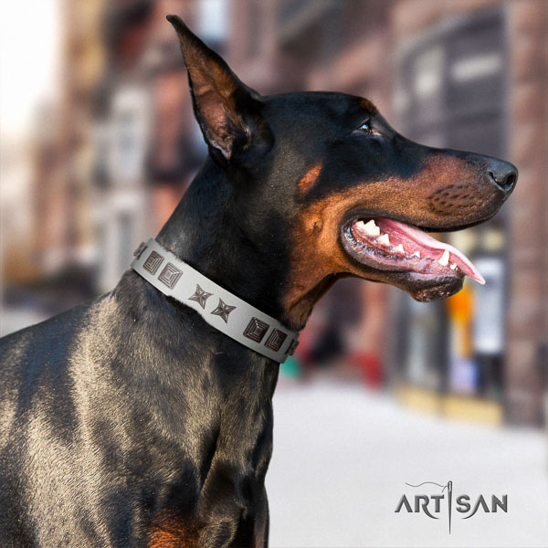 Doberman full grain leather dog collar with embellishments for your lovely canine