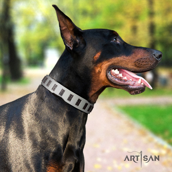 Doberman full grain natural leather dog collar with embellishments for your attractive dog