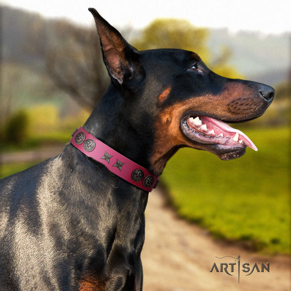 Doberman genuine leather dog collar with adornments for your lovely dog
