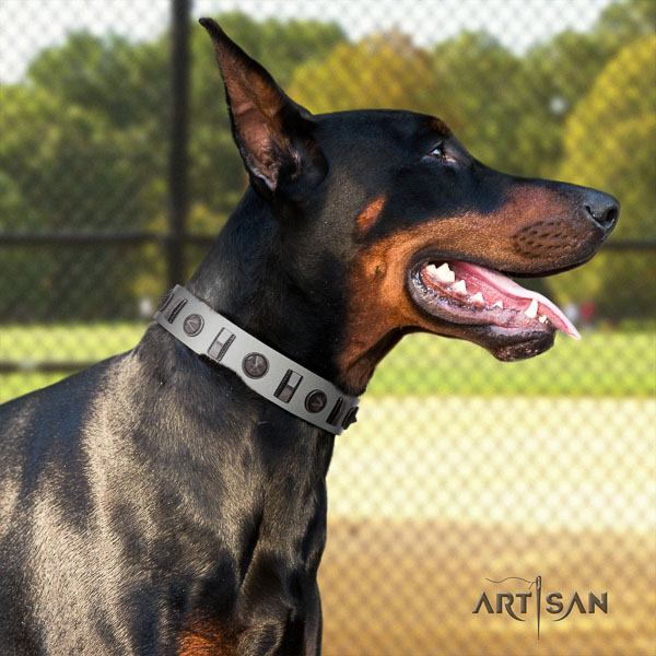 Doberman natural genuine leather dog collar with adornments for your attractive dog