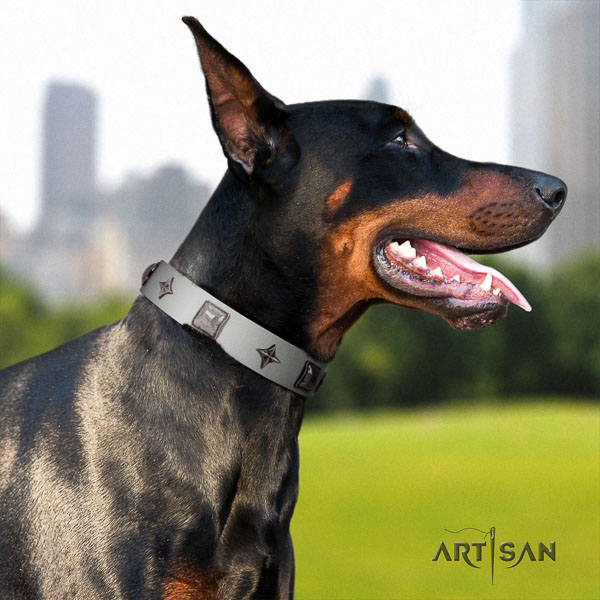 Doberman full grain genuine leather dog collar with decorations for your attractive dog