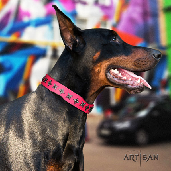 Doberman impressive full grain leather collar with decorations for your dog
