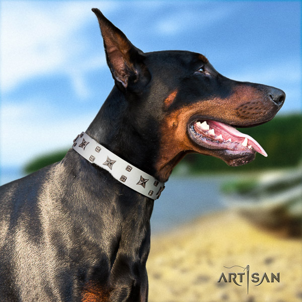 Doberman fancy walking leather collar with awesome decorations for your doggie