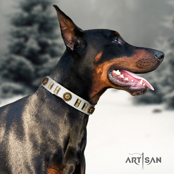 Doberman stylish walking full grain natural leather collar with decorations for your doggie