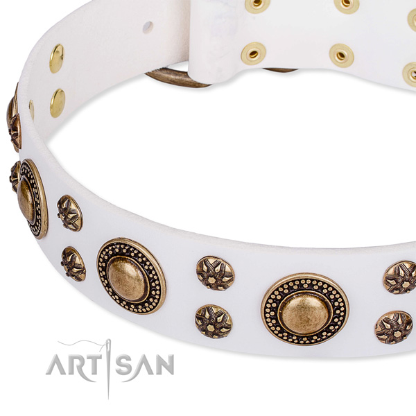 Easy to adjust leather dog collar with resistant to tear and wear non-rusting set of hardware