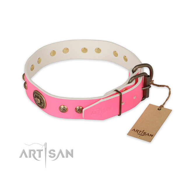Unique design decorations on full grain genuine leather dog collar