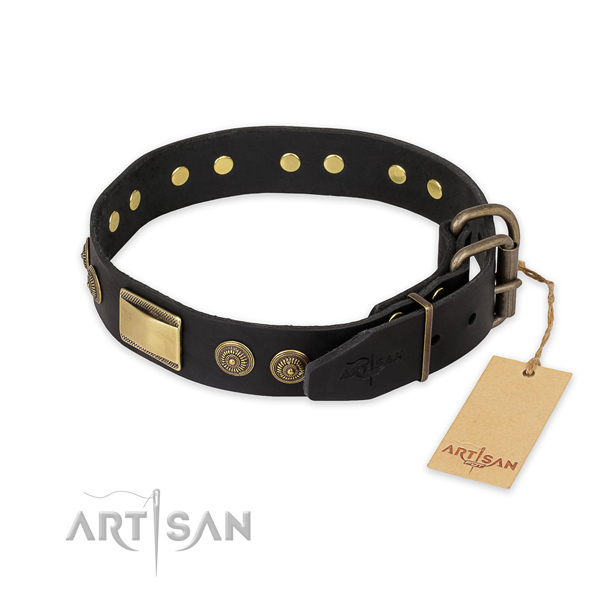 Handy use genuine leather collar with embellishments for your pet