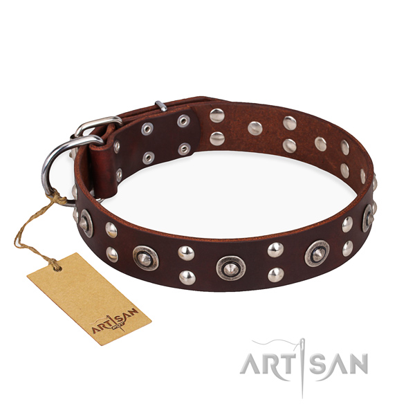 Unique design decorations on natural genuine leather dog collar