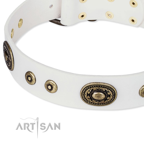 Adjustable leather dog collar with resistant to tear and wear rust-proof set of hardware