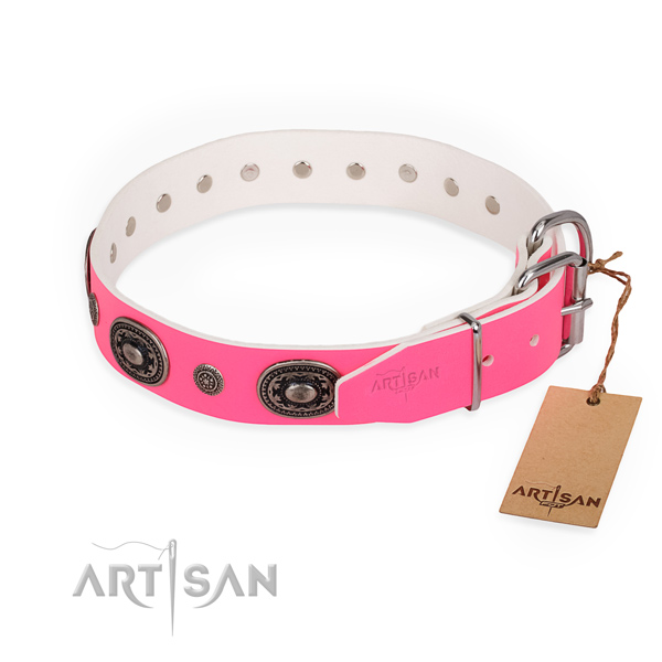 Extraordinary design adornments on natural genuine leather dog collar