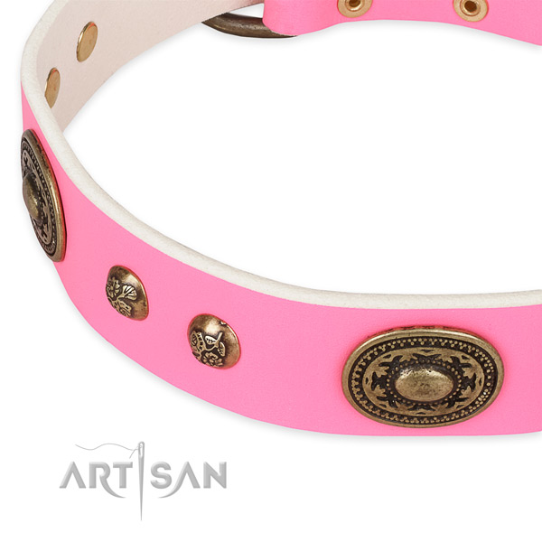Daily walking genuine leather collar with corrosion proof buckle and D-ring