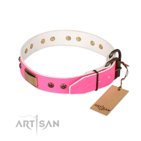 Walking natural genuine leather collar with embellishments for your doggie