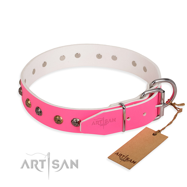 Fashionable design decorations on full grain natural leather dog collar