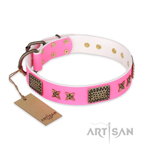 Unusual design decorations on natural genuine leather dog collar
