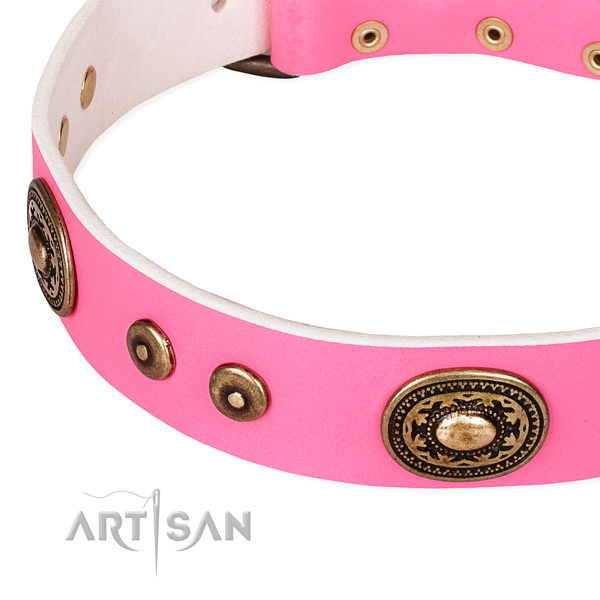 Adjustable leather dog collar with almost unbreakable rust-proof fittings