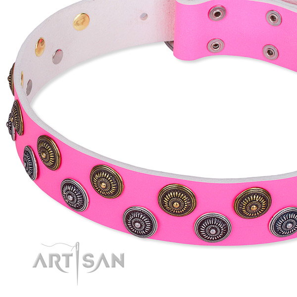 Easy to adjust leather dog collar with extra sturdy non-rusting buckle and D-ring