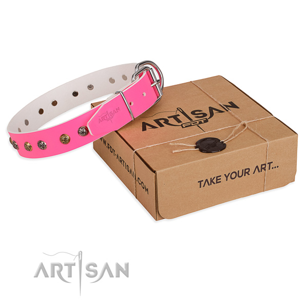 Impressive natural genuine leather dog collar for daily walking