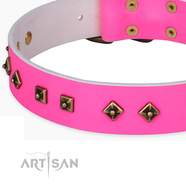 Daily use natural genuine leather collar with rust-proof buckle and D-ring