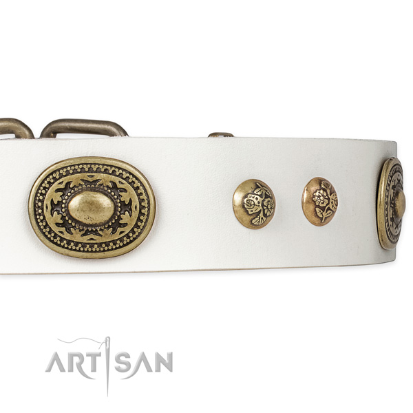 Daily walking genuine leather collar with strong buckle and D-ring