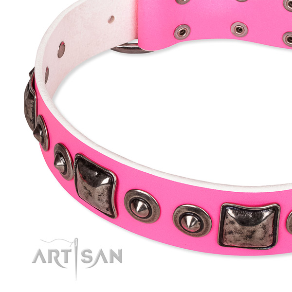 Easy to put on/off leather dog collar with extra sturdy rust-proof set of hardware